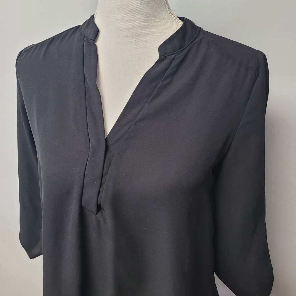 Lucid Pink Womens Black V-Neck Roll Tab Sleeve‎ Chiffon Blouse Small B3090J0